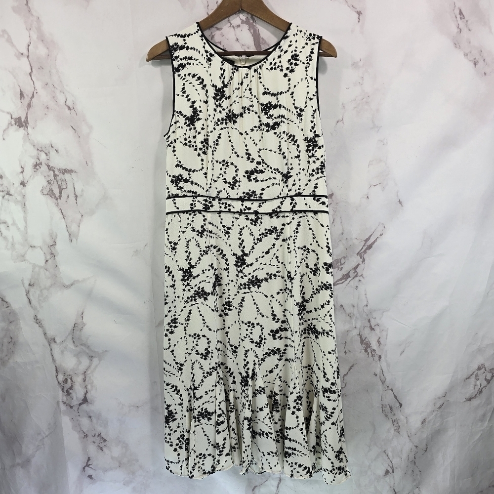 Talbots Dress Women 6 White Black Midi Tank Sleeveless Floral Flounce Hem Office